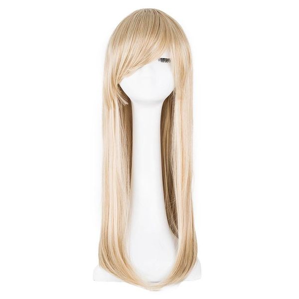 

synthetic wigs fei-show long wavy wig heat resistant inclined fringe bangs blonde hair costume peruca party salon women hairpiece, Black