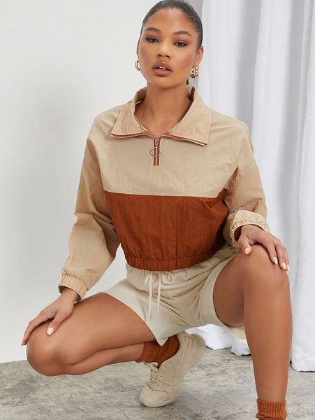 

color block o-ring quarter zip drop shoulder jacket k3xl#, Black;brown