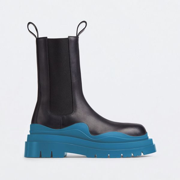 

2021 man peacock blue soles bottega boot fashion luxury tire leather chelsea booties men platform chunky shoes lady knight high-boots women, Black
