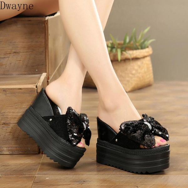 

slippers 2021 sequin bow fashion muffin thick bottom wedge heel children, Black