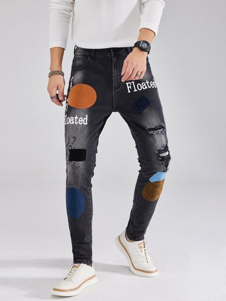 

men letter graphic ripped jeans j3tt#, Blue