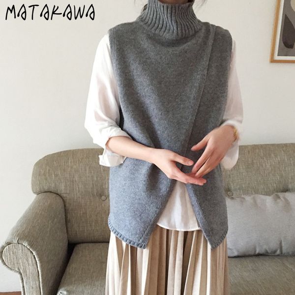 

matakawa irregular split sweater vest women's autumn/winter korea chic turtleneck sleeveless knitted vest 210513, Black;white
