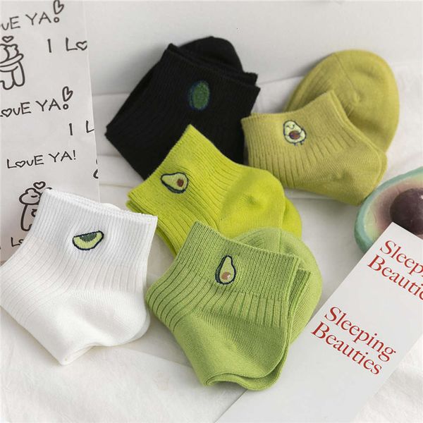 

women solid avocado embroidery socks casual joker cotton short for ladies concise college style breathable sox trendy, Black;white