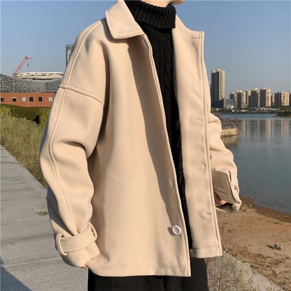 

men's wool & blends winter thick woolen coat men warm fashion solid color casual cloth jacket korean loose short mens overcoat m-2xl, Black
