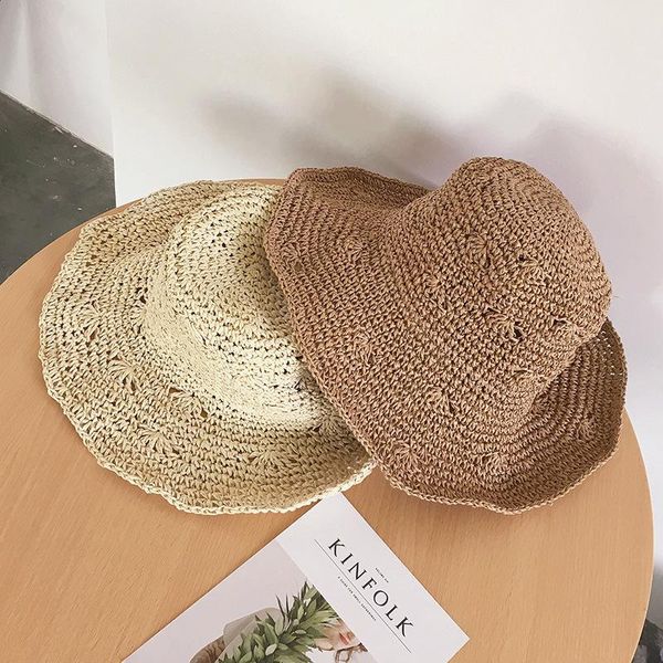 

wide brim hats korean version of female summer crochet hollow beach hat foldable sun casual joker straw sunshade, Blue;gray