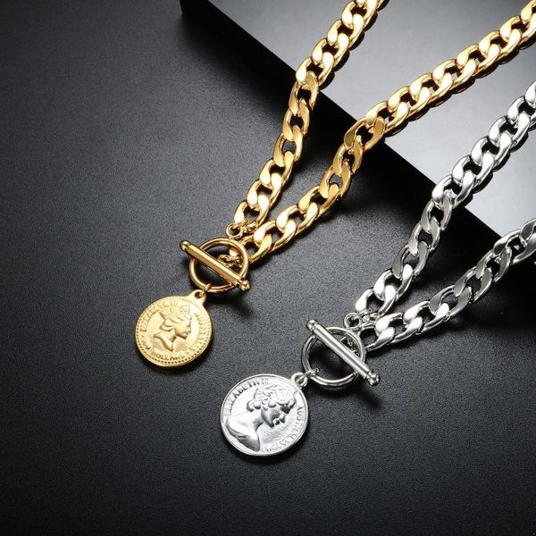 

pendant necklaces zmfashion vintage punk coin chains choker necklace for women men gothic stainless steel ot buckle portrait chunky chain je, Silver