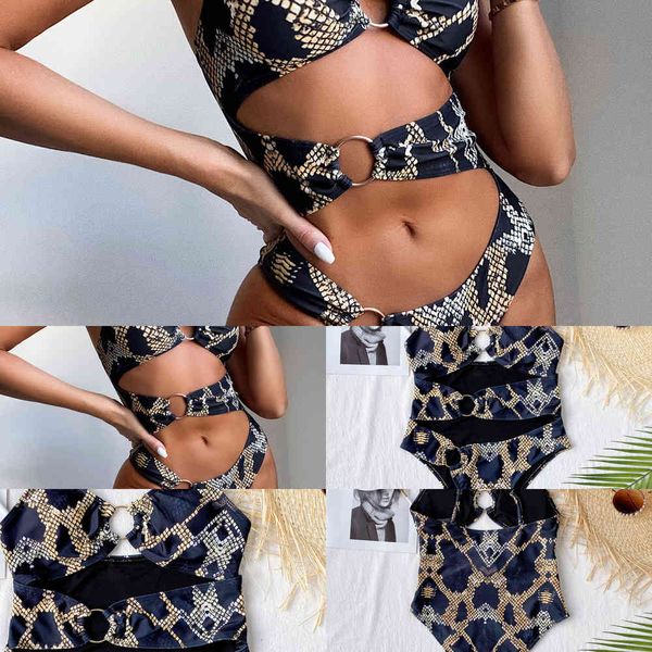 

large women's 2021 steel ring printed one piece single swimsuit2021, White;black