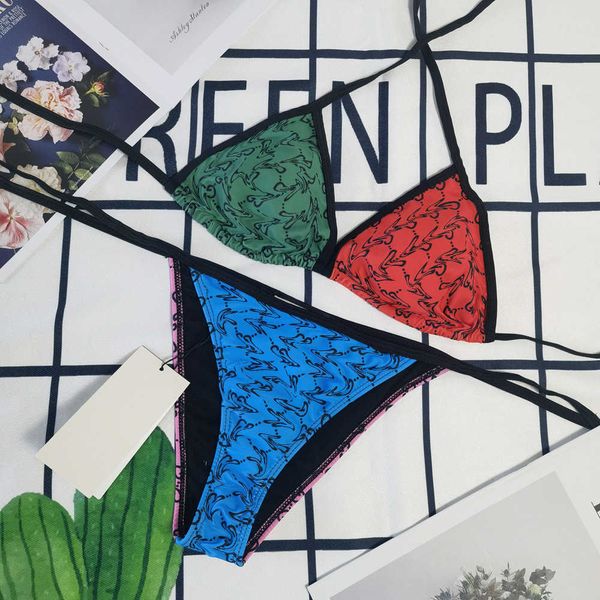 

family g letter color matching printing triangle bandage bikini women's net red spring rort swimsuit