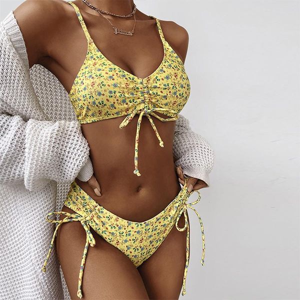 Женские купальники 2021 Bandeau Push Up Bikini Sexy Floral Print Set String High Cut Swimsuit Женщины желтый купальный костюм плавание