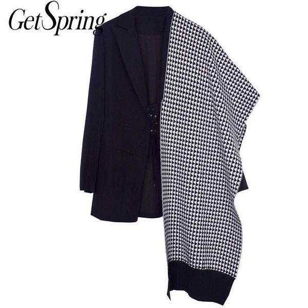 

getspring women blazer asymmetric ladies black coat plaid woolen spliced irregular women's suit jacket loose woman 210601, White;black