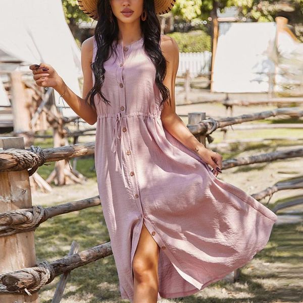 

women's swimwear simple sleeveless v-neck women split dress 2021 maxi summer spaghetti strap a-line sundress casual button ruffle vesti, White;black