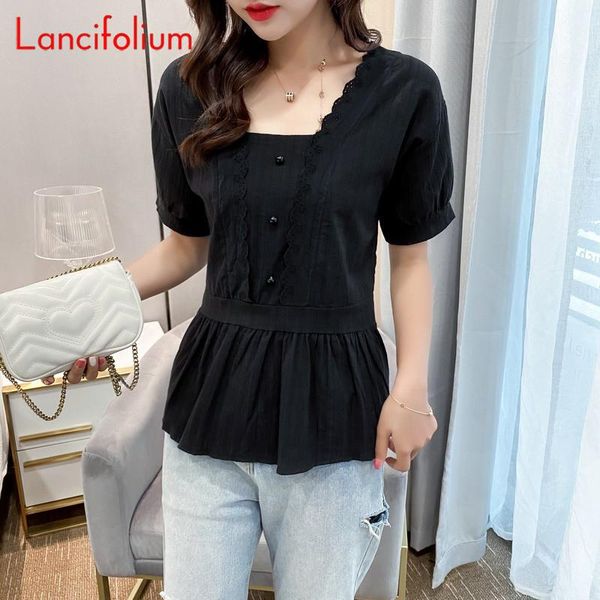 

women's blouses & shirts summer white plus size lace elegantes vintage v neck button chiffon peplum short sleeve ladies womens