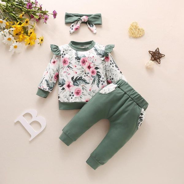 

clothing sets floral printed infant clothes for 0-1y baby girls winter ruffles and pockets pants casual pullover born outfits 30, White