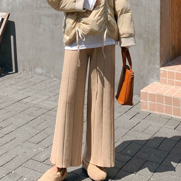 

autumn winter casual straight pants women female drawstring loose high waist knitted wide leg trousers 210423, Black;white