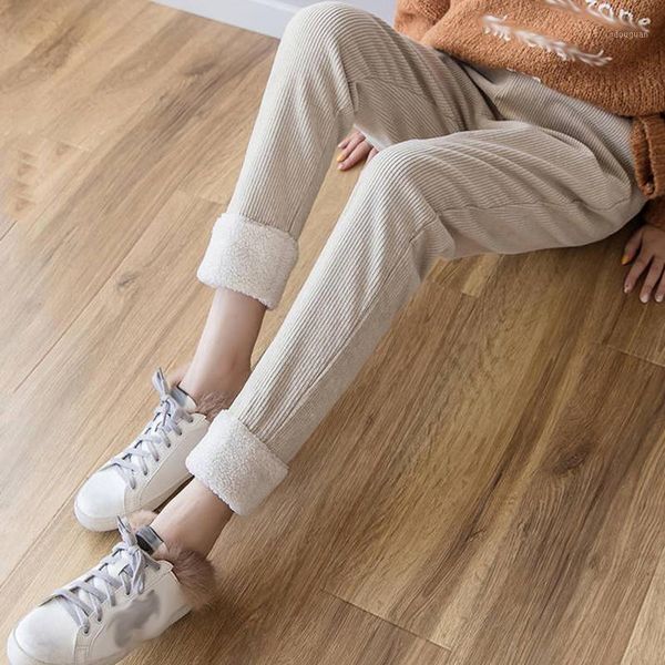 

women's pants & capris women fleece corduroy straight autumn winter 2021 casual solid elastic waist harem full length trousers s-xxl, Black;white