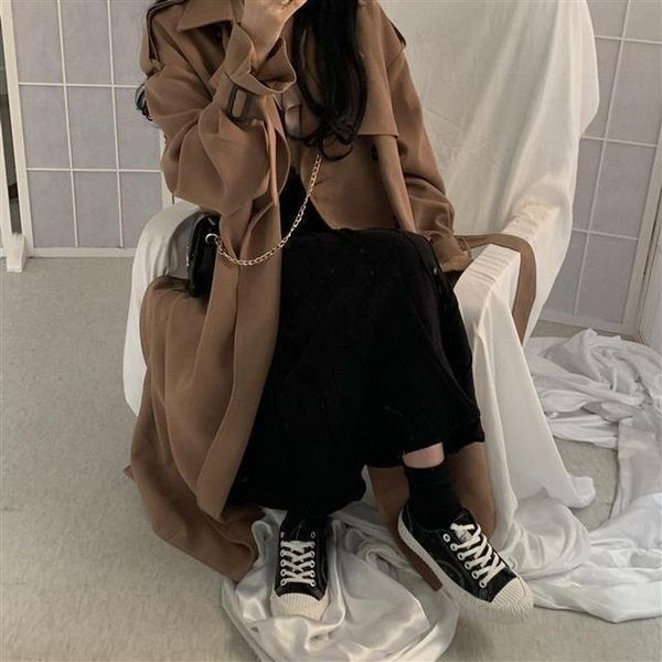 

women's trench coats windbreaker autumn korean version of the longbritish style lapel temperament long-sleeved fashion jacket, Tan;black
