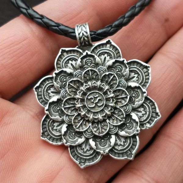 

pendant necklaces women's om lotus necklace tibetan geometry religious meditation jewelry spiritual mandala flower and #jg38f-3, Silver