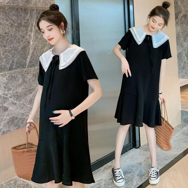 

maternity dresses summer korean fashion black dress sweet chic ins elegant clothes for pregnant women slim pregnancy ruffle, White
