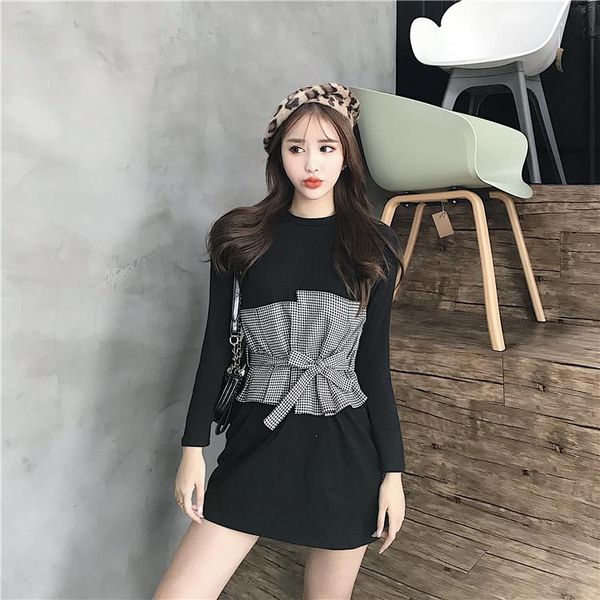 

casual dresses long sleeve plaid patchwork fake two pieces vestidos fashion brand spring fall korean style tie rope black mini-dress women, Black;gray