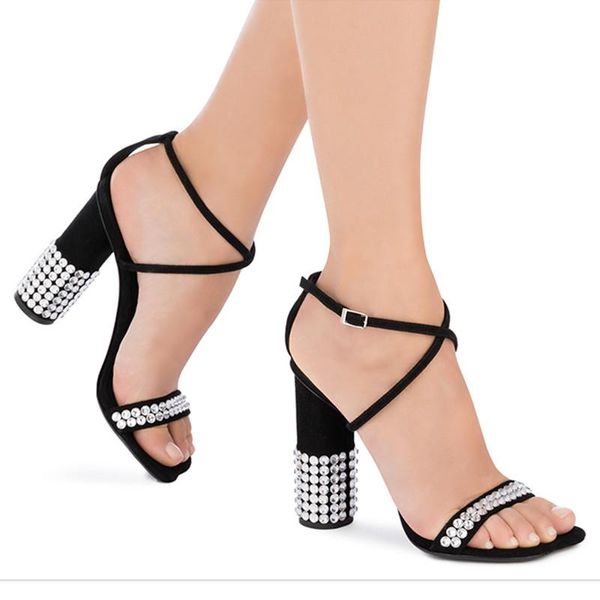 

dress shoes summer thick-heeled high-heeled rhinestone cross strap sandals banquet catwalk small fashion women's, Black