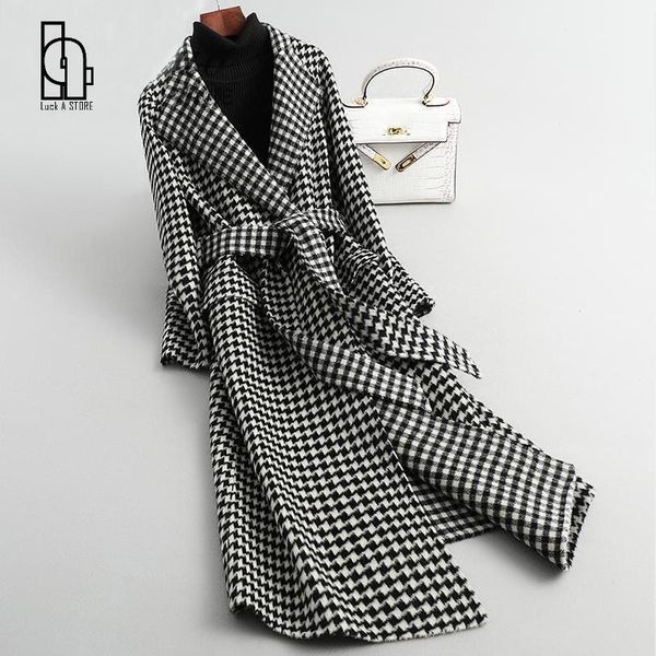 

women's wool & blends winter black white check belt women's coat warm checkered coats female 2021 thicken jacket long overcoat