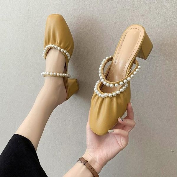 

slippers 2021 sandals summer fashion buckle pearl crystal heel non-slip high heels women mid comfortable, Black