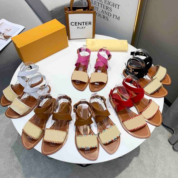 

wholesale brand luxury designer fashion embroidered one-word sandals outer wear leather stitching flat heel beach sandals size 35-42, Black