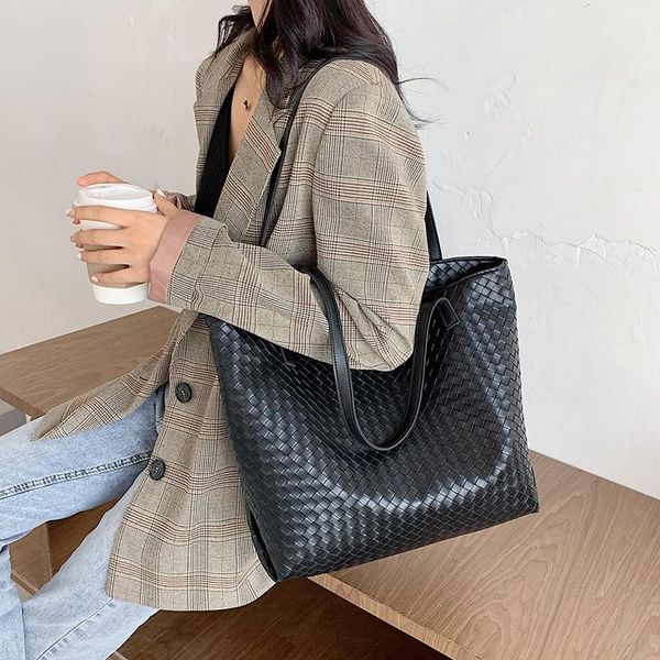 

big capacity shopping bag tote for woman leather weave bags solid classical shoulder causal female pu knitting bag-tote evening