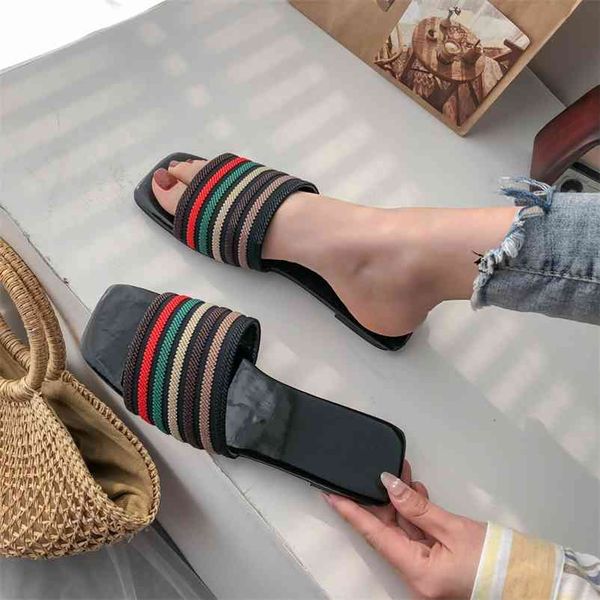 

summer casual outdoor slides striped mesh upper flat peep toe rubber sole leisure slippers beach vacation shoes ladies female 210619, Black