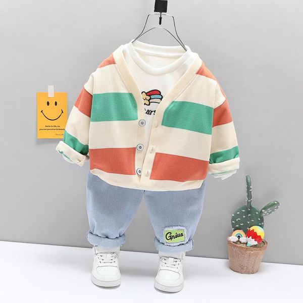 

clothing sets 2021 spring baby boys girls toddler infant stripe coats t shirt jeans children kids casual costume, White