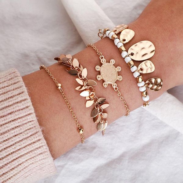 

vintage geometric bangles for women gold beads bracelets set multi layer tassel boho bracelet wrist chain jewelry girls gift link,, Black