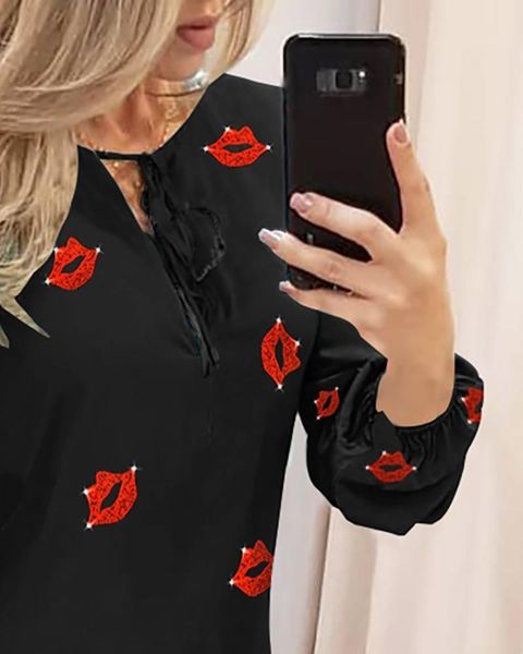 

casual dresses red lips print tie front long mouwen dress, Black;gray