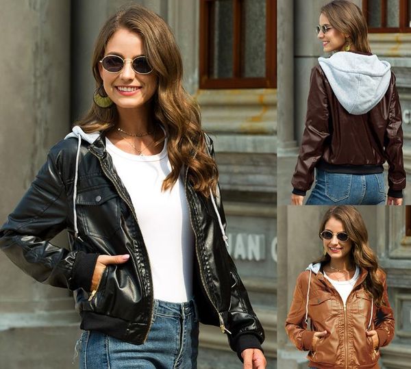 

leather jacket winter ladies plus velvet thick hooded leather short coat, Black