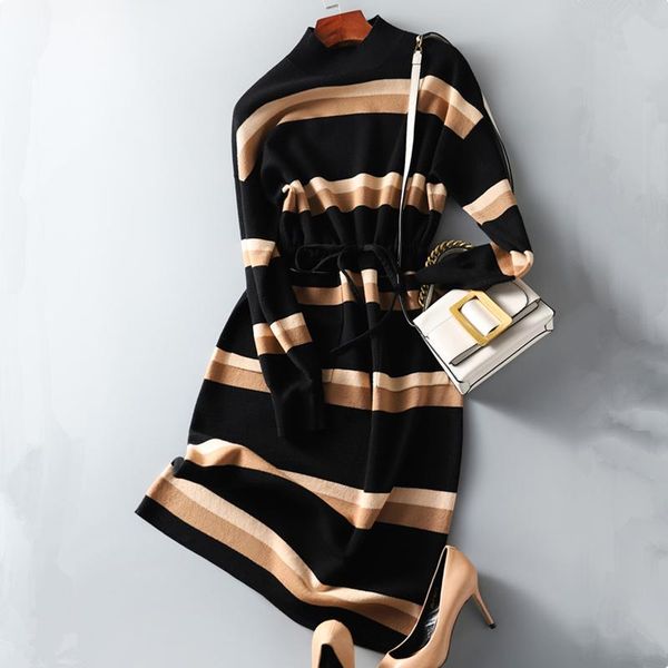 

casual dresses french gentle wind quality stripe knitting dress female autumn winter easy draw string waist show thin render wool, Black;gray