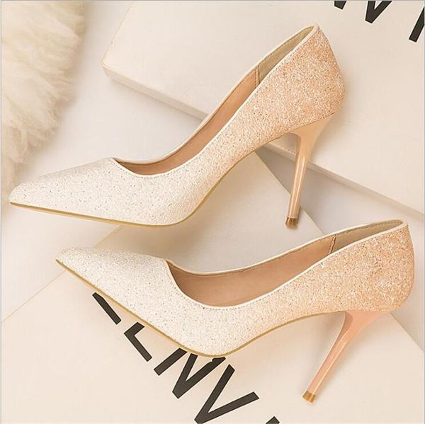 

dress shoes women pumps extrem paillette high heels thin female wedding gold sliver white ladies, Black