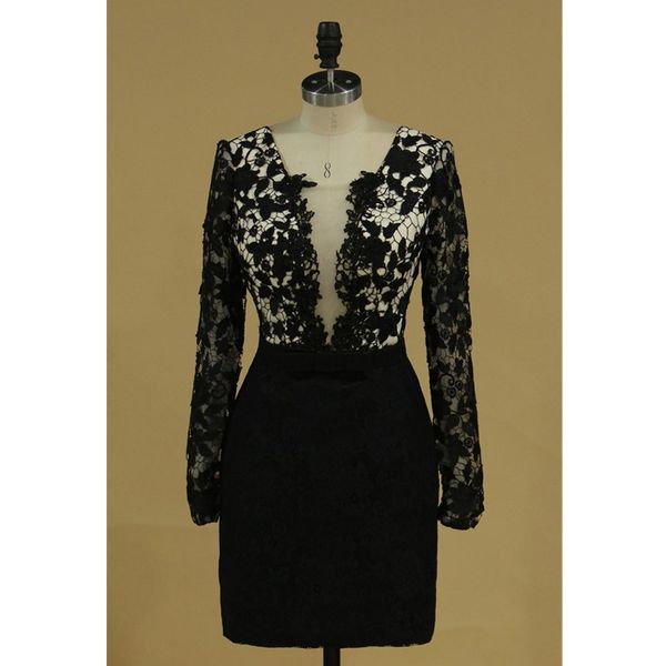 

retro elegant high neck puffy burgundy short mini prom dresses party appliques sheer back long sleeves satin cocktail gowns, Black