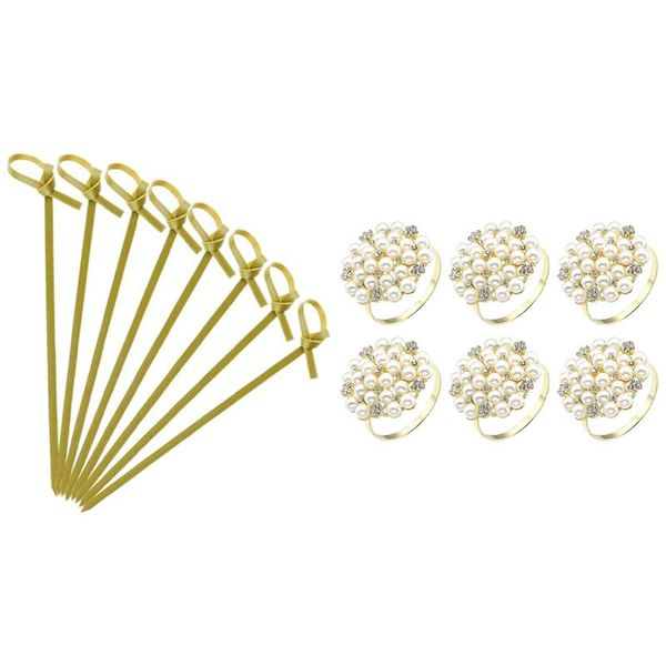 

forks 100 pcs bamboo skewers,suitable for appetizers,cheese board & 6 pearls rhinestone napkin rings