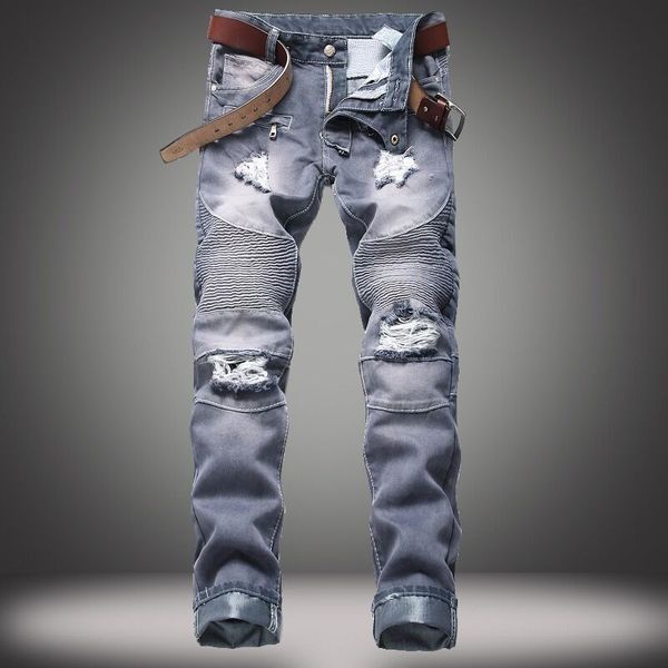 

men's jeans grey denim biker mens skinny runway distressed slim elastic homme hiphop washed cargo pants ylen, Blue