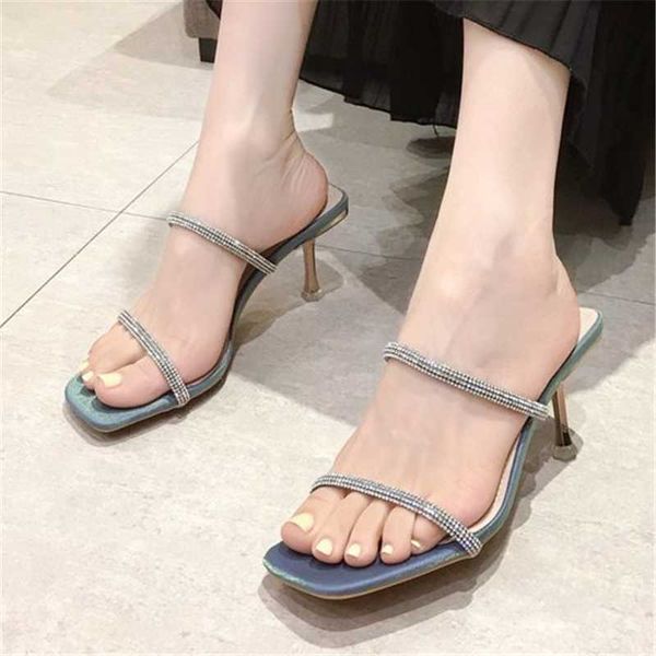 

women's vintage square toe narrow band rhinestone high heel sandals female summer outdoors fashion comfortable fairy slipper slippers, Black