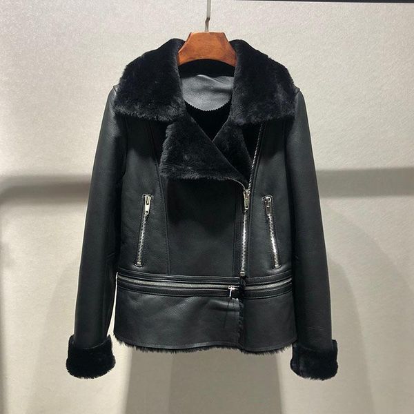 

women's leather & faux shzq european style windbreaker 2021 genuine sheepskin coat for female winter jacket with zipper sheared sheep f, Black