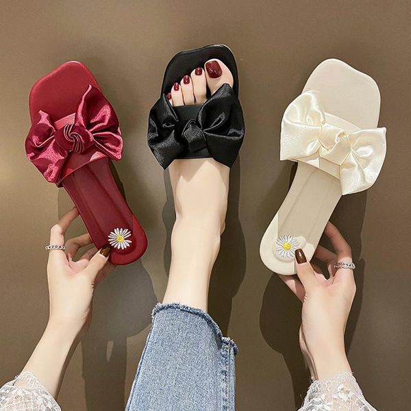 

shoes flower slippers flat slipers women shale female beach butterfly-knot slides fashion 2021 sabot luxury rubbe, Black