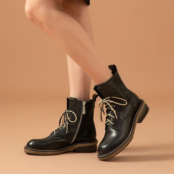 

boots women ankle genuine calf leather lace-up round toe zipper female motorcycle boots black shoes handmade 03460
