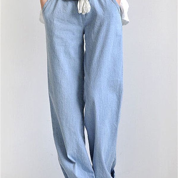 

women's jeans summer bottoms large size elastic waist wide casual female loose straight leg pants women w559 z99r, Blue