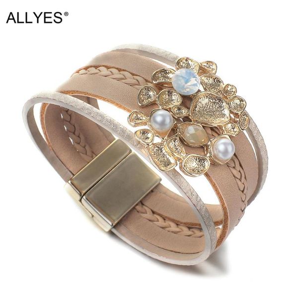 

tennis allyes gold color metal charms pearl leather bracelet for women multilayer braided wrap bangle casual jewelry, Golden;silver