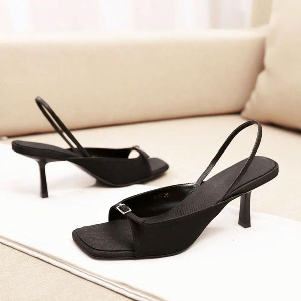 

black ladies sandals zapatos mujer 2021 narrow band summer shoes woman thin heels buty damskie square toe pumps women
