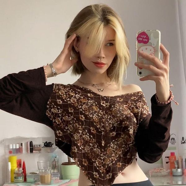 

women's t-shirt vintage print irregular women long sleeve loose crop street casual girl off shoulder exposed navel short tee, White