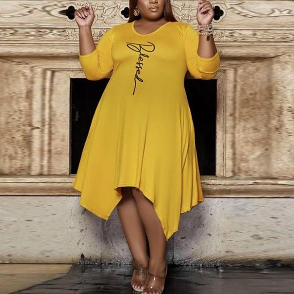 

casual dresses 4xl 5xl plus size asymmetric for womens letter printed yellow loose full sleeve fashion evening night party vestidos, Black;gray