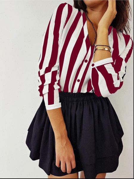 

long sleeve loose office womens shirt fashion summer striped casual, White