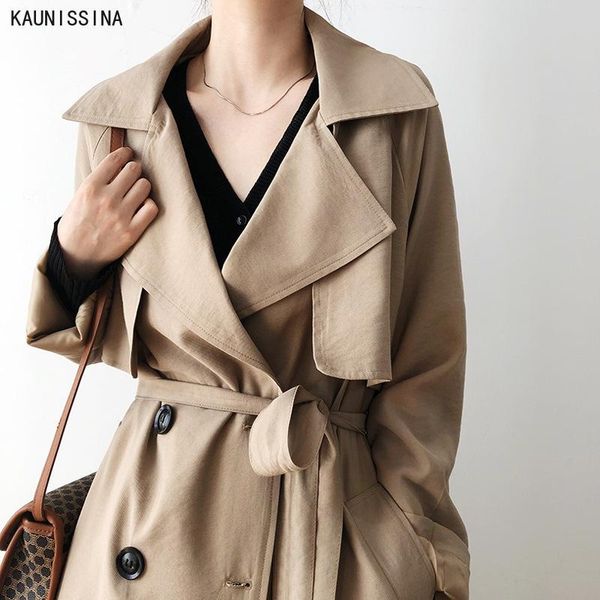 

women fashion autumn trench coats casual double breasted simple classic long coat with belt chic female windbreaker women's, Tan;black