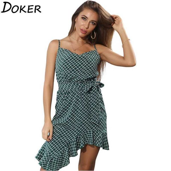 

summer plaid off shoulder mini dres slash neck sleeveless plus size fashion ruffle female casual boho beach strap dresses 210604, Black;gray